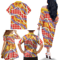Hawaii Kahili Palaka Motifs Family Matching Off The Shoulder Long Sleeve Dress and Hawaiian Shirt Hawaiian Honohono Pikake Lei