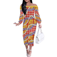 Hawaii Kahili Palaka Motifs Family Matching Off The Shoulder Long Sleeve Dress and Hawaiian Shirt Hawaiian Honohono Pikake Lei