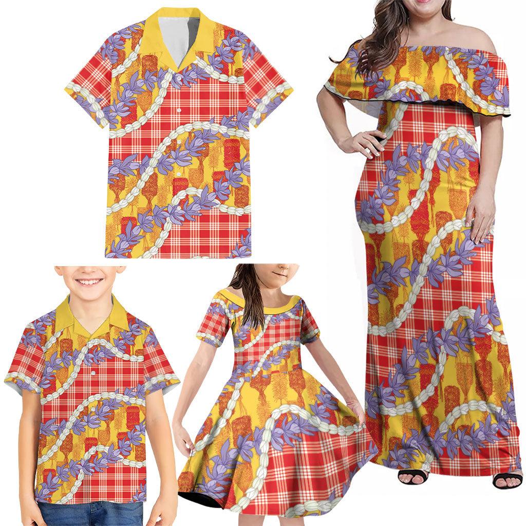 Hawaii Kahili Palaka Motifs Family Matching Off Shoulder Maxi Dress and Hawaiian Shirt Hawaiian Honohono Pikake Lei