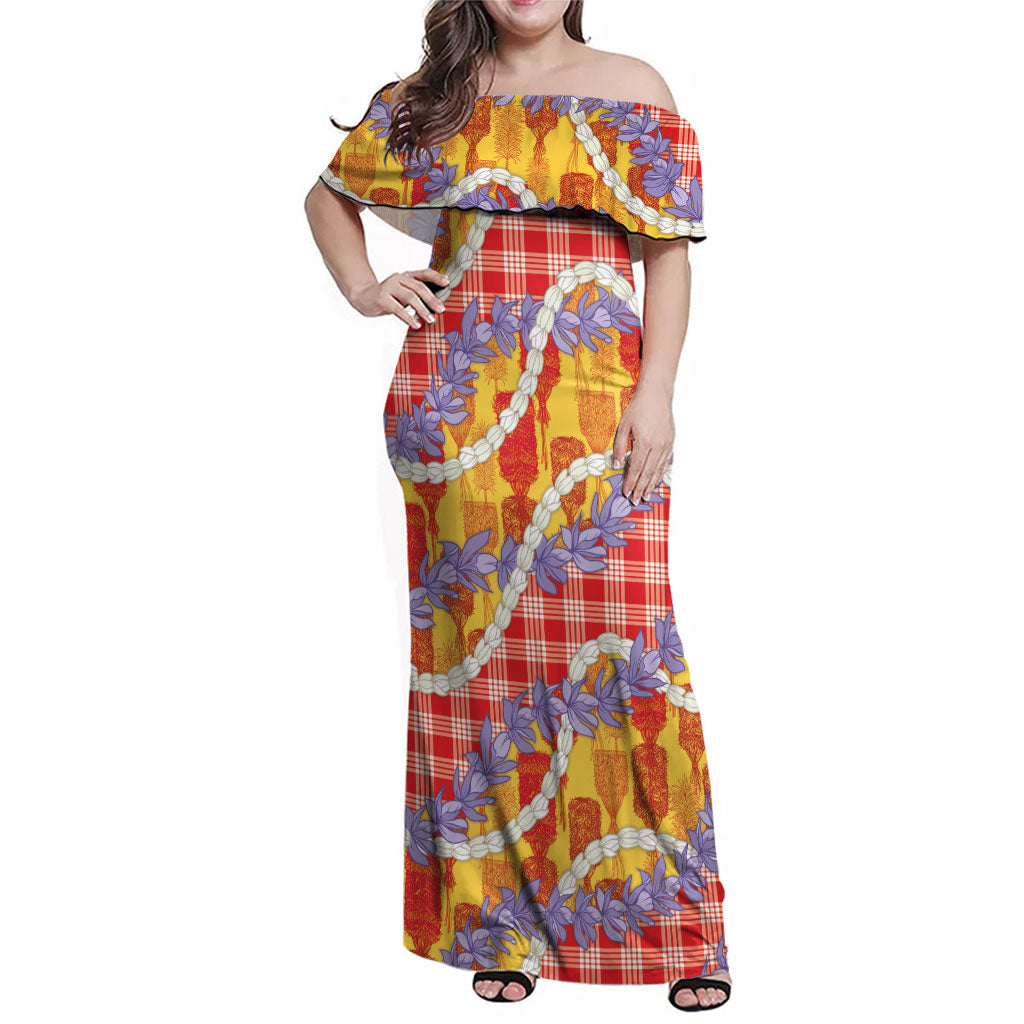 Hawaii Kahili Palaka Motifs Family Matching Off Shoulder Maxi Dress and Hawaiian Shirt Hawaiian Honohono Pikake Lei