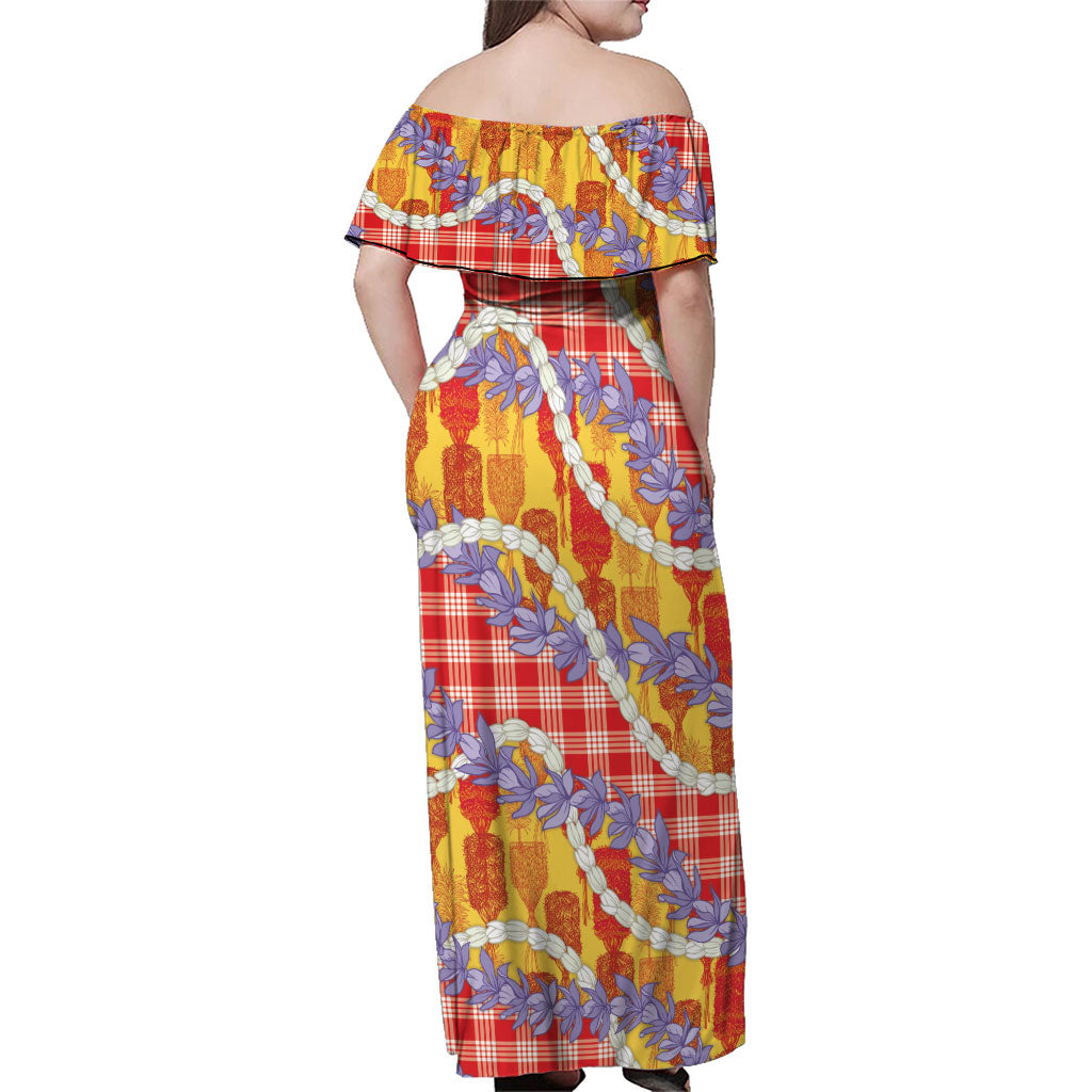 Hawaii Kahili Palaka Motifs Family Matching Off Shoulder Maxi Dress and Hawaiian Shirt Hawaiian Honohono Pikake Lei