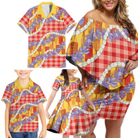 Hawaii Kahili Palaka Motifs Family Matching Off Shoulder Short Dress and Hawaiian Shirt Hawaiian Honohono Pikake Lei