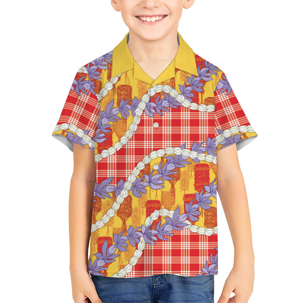 Hawaii Kahili Palaka Motifs Family Matching Off Shoulder Short Dress and Hawaiian Shirt Hawaiian Honohono Pikake Lei