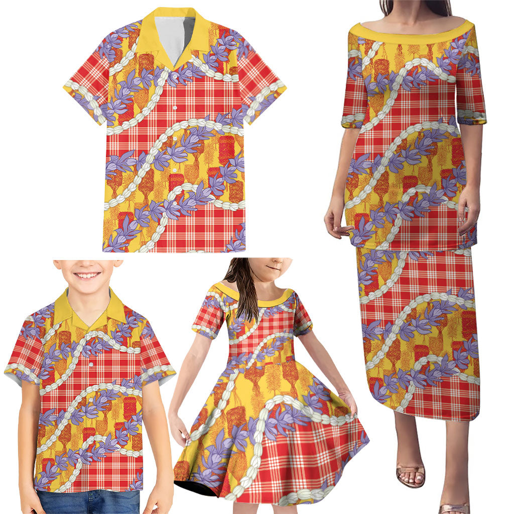 Hawaii Kahili Palaka Motifs Family Matching Puletasi and Hawaiian Shirt Hawaiian Honohono Pikake Lei