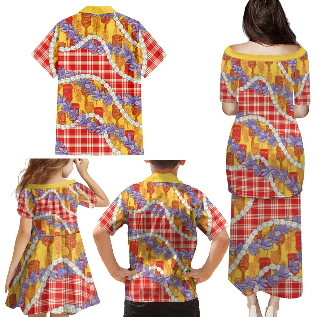 Hawaii Kahili Palaka Motifs Family Matching Puletasi and Hawaiian Shirt Hawaiian Honohono Pikake Lei