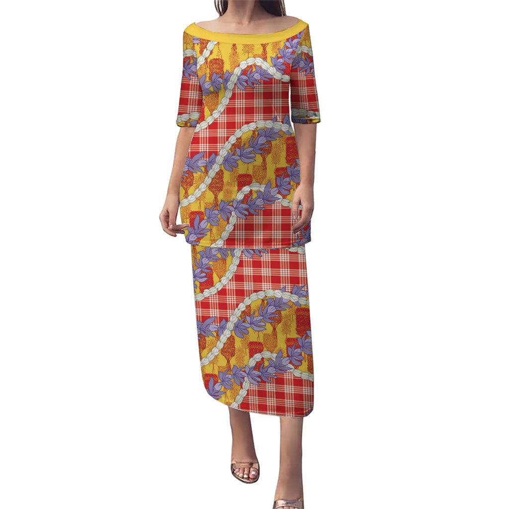 Hawaii Kahili Palaka Motifs Family Matching Puletasi and Hawaiian Shirt Hawaiian Honohono Pikake Lei