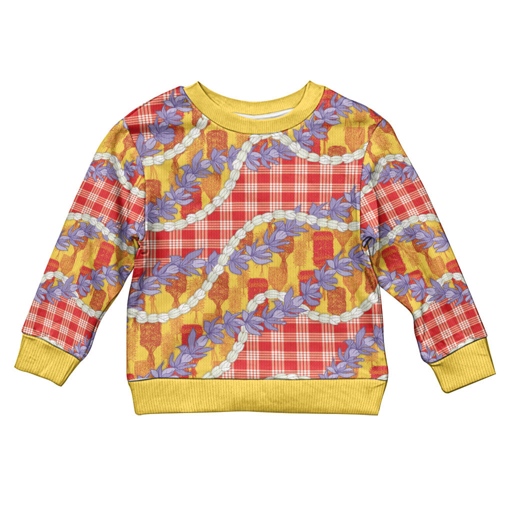 Hawaii Kahili Palaka Motifs Kid Ugly Christmas Sweater Hawaiian Honohono Pikake Lei LT14 Kid Red - Polynesian Pride