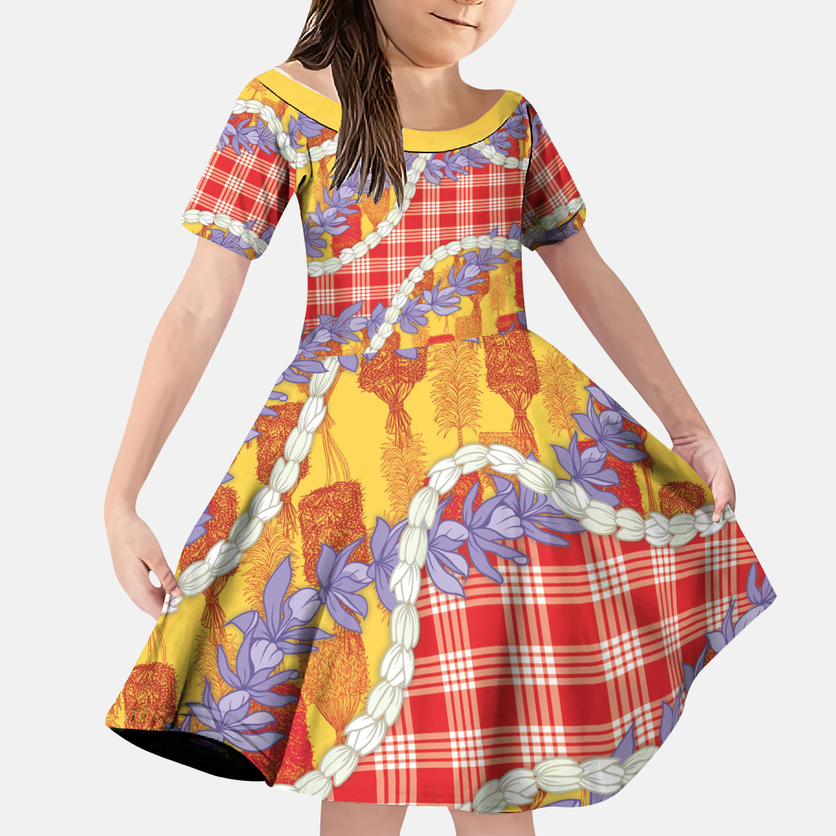 Hawaii Kahili Palaka Motifs Kid Short Sleeve Dress Hawaiian Honohono Pikake Lei