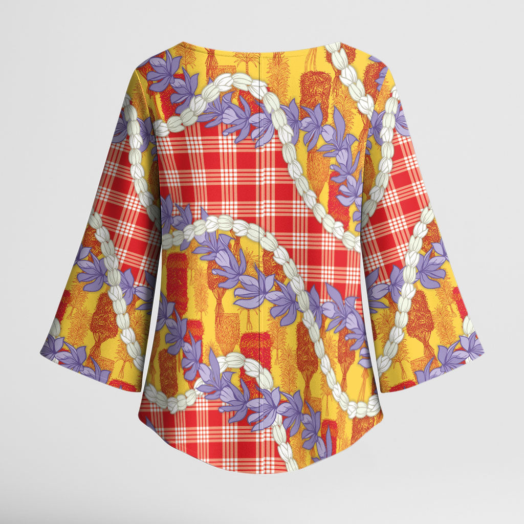Hawaii Kahili Palaka Motifs Kimono Sleeve Blouse Hawaiian Honohono Pikake Lei