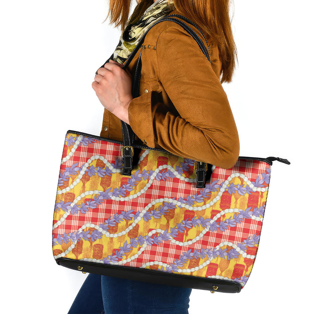 Hawaii Kahili Palaka Motifs Leather Tote Bag Hawaiian Honohono Pikake Lei LT14 Red - Polynesian Pride