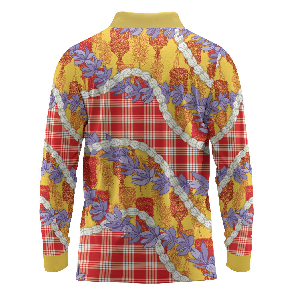 Hawaii Kahili Palaka Motifs Long Sleeve Polo Shirt Hawaiian Honohono Pikake Lei