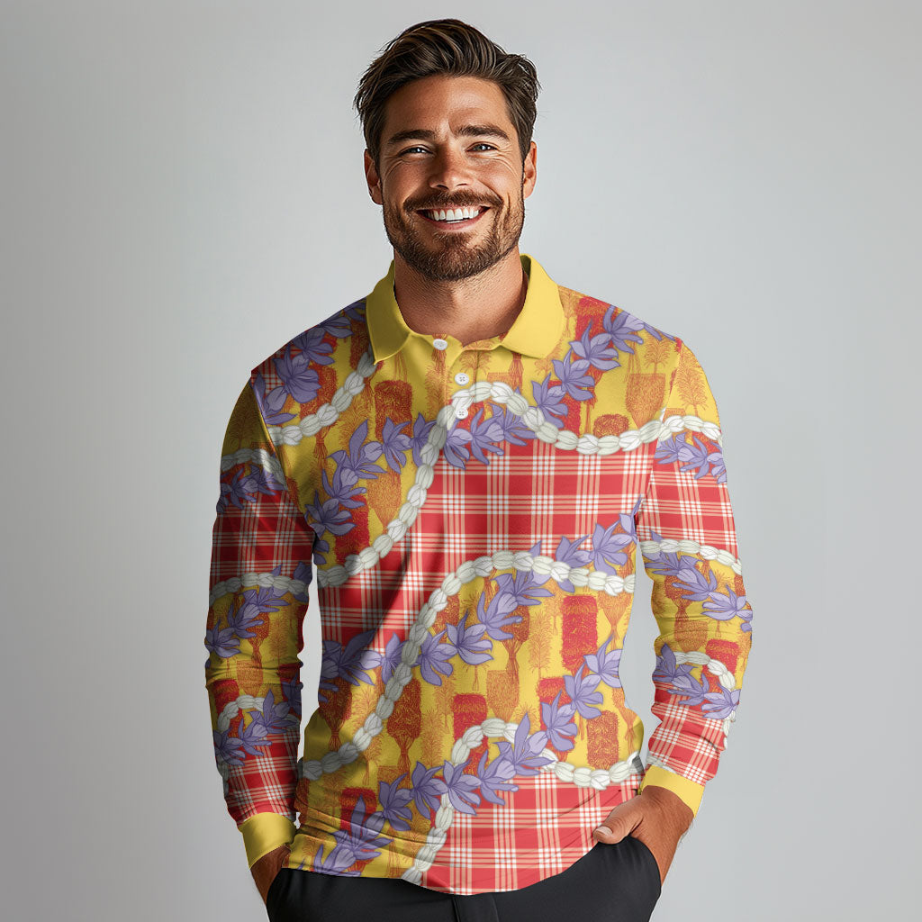 Hawaii Kahili Palaka Motifs Long Sleeve Polo Shirt Hawaiian Honohono Pikake Lei