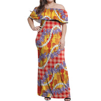 Hawaii Kahili Palaka Motifs Off Shoulder Maxi Dress Hawaiian Honohono Pikake Lei