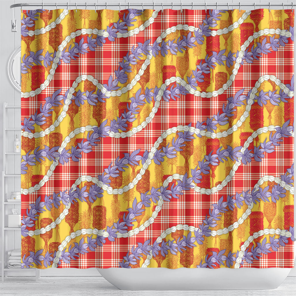 Hawaii Kahili Palaka Motifs Shower Curtain Hawaiian Honohono Pikake Lei