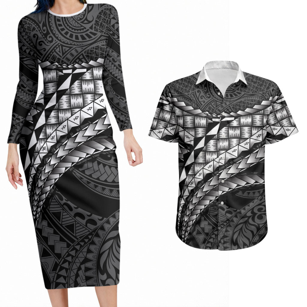 Hawaii Lauhala Tattoo Couples Matching Long Sleeve Bodycon Dress and Hawaiian Shirt Hawaiian Hala Leaf Weaving LT14 Black - Polynesian Pride