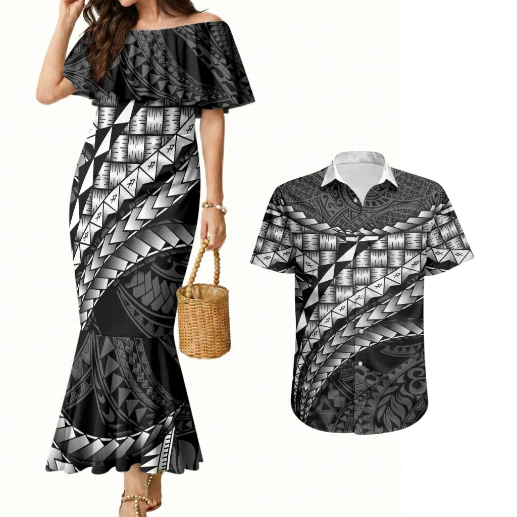 Hawaii Lauhala Tattoo Couples Matching Mermaid Dress and Hawaiian Shirt Hawaiian Hala Leaf Weaving LT14 Black - Polynesian Pride