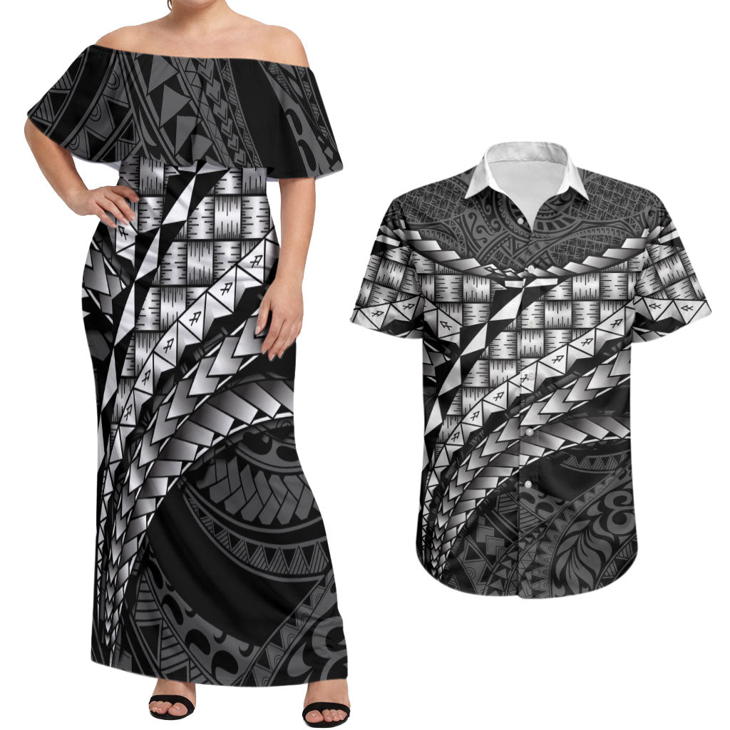 Hawaii Lauhala Tattoo Couples Matching Off Shoulder Maxi Dress and Hawaiian Shirt Hawaiian Hala Leaf Weaving LT14 Black - Polynesian Pride