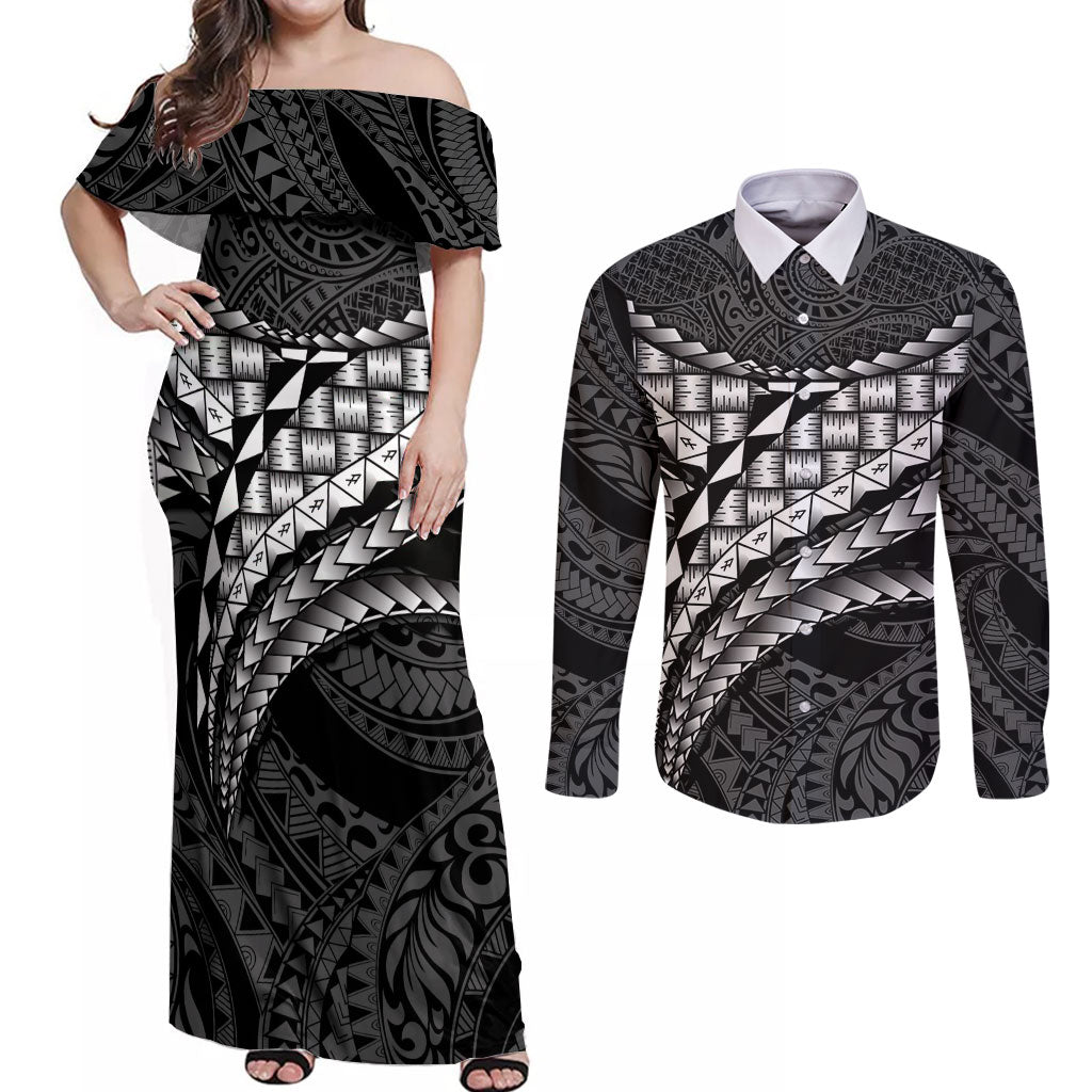 Hawaii Lauhala Tattoo Couples Matching Off Shoulder Maxi Dress and Long Sleeve Button Shirt Hawaiian Hala Leaf Weaving