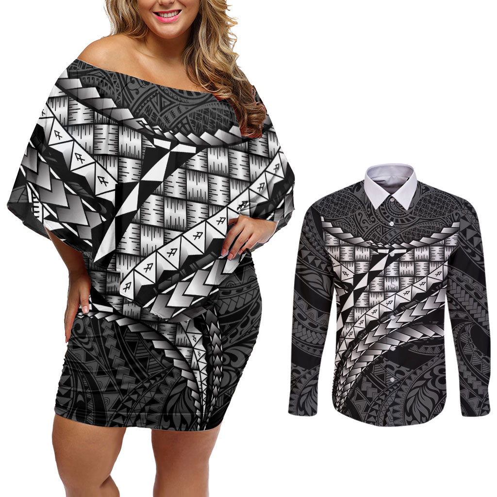 Hawaii Lauhala Tattoo Couples Matching Off Shoulder Short Dress and Long Sleeve Button Shirt Hawaiian Hala Leaf Weaving