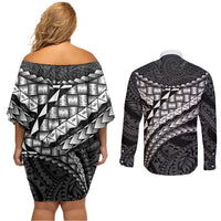 Hawaii Lauhala Tattoo Couples Matching Off Shoulder Short Dress and Long Sleeve Button Shirt Hawaiian Hala Leaf Weaving