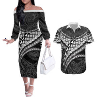 Hawaii Lauhala Tattoo Couples Matching Off The Shoulder Long Sleeve Dress and Hawaiian Shirt Hawaiian Hala Leaf Weaving