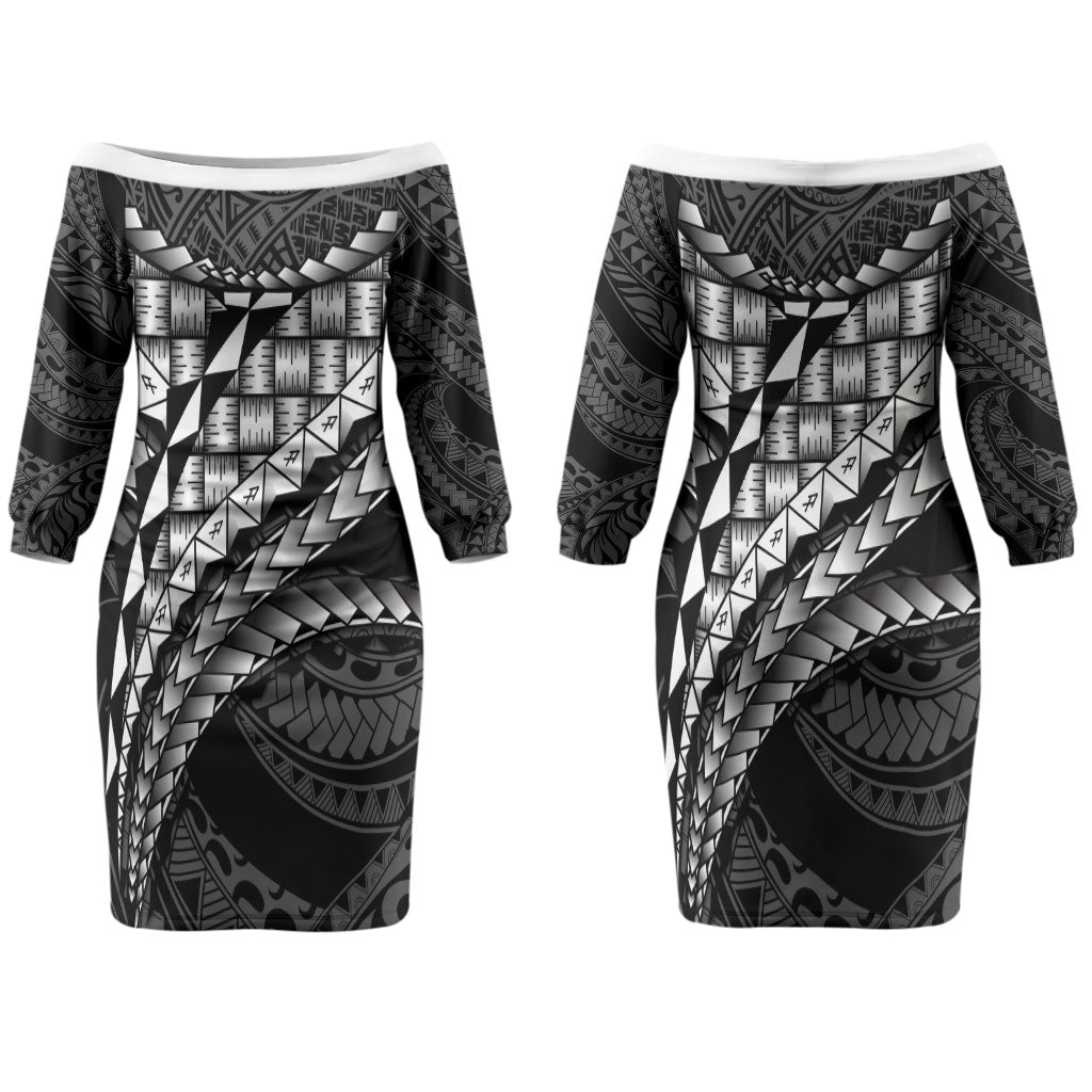 Hawaii Lauhala Tattoo Couples Matching Off The Shoulder Long Sleeve Dress and Hawaiian Shirt Hawaiian Hala Leaf Weaving LT14 - Polynesian Pride