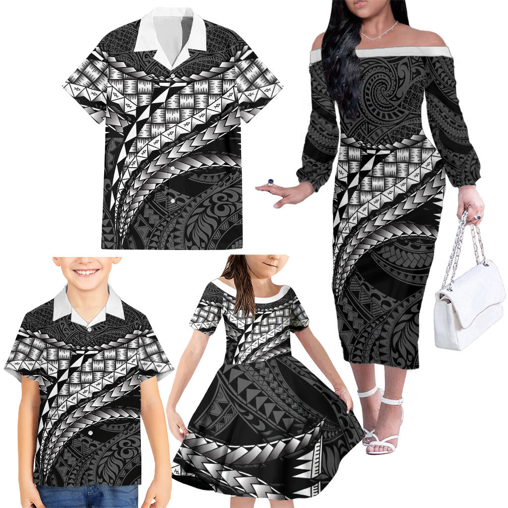 Hawaii Lauhala Tattoo Family Matching Off The Shoulder Long Sleeve Dress and Hawaiian Shirt Hawaiian Hala Leaf Weaving