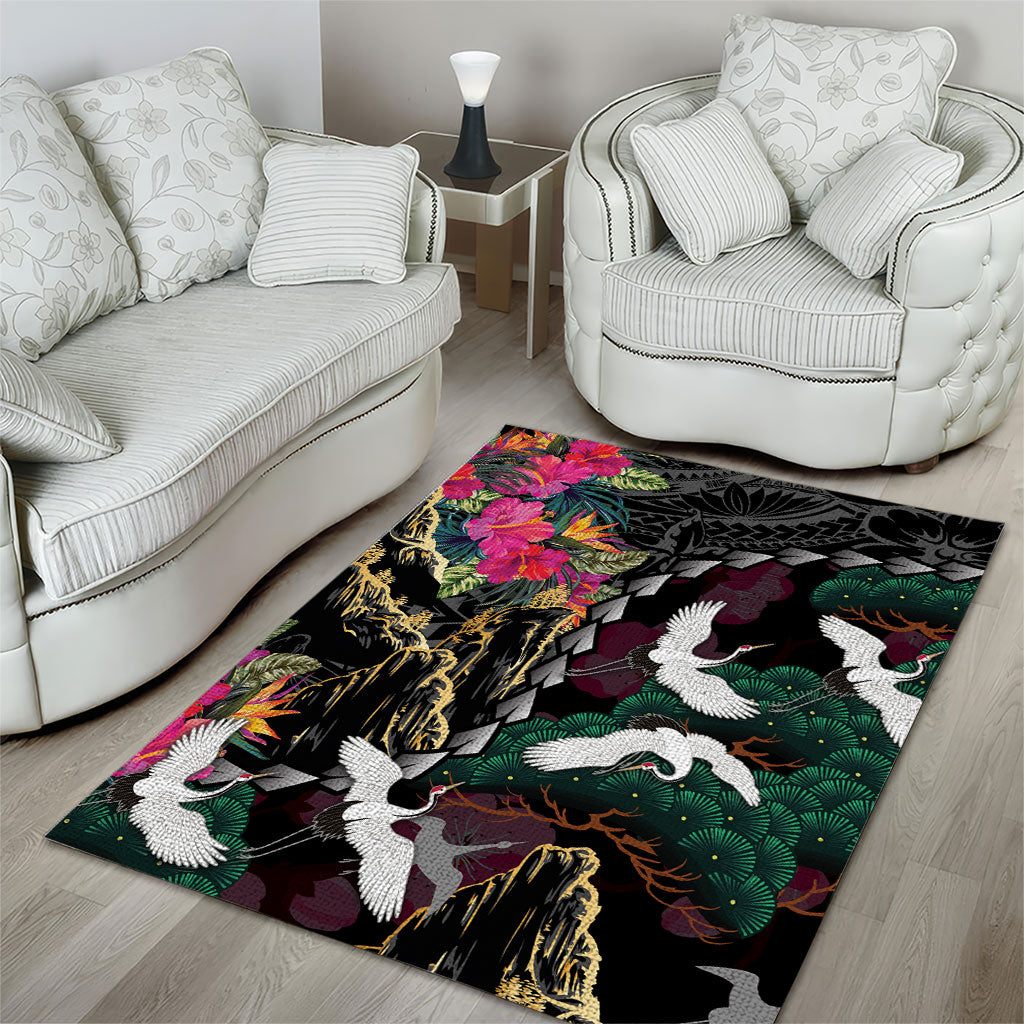 Hawaiian and Japanese Culture Area Rug Crane Sakura Hibiscus Tropical Vibes