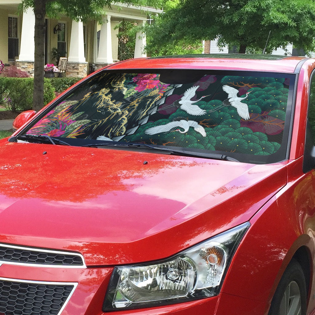 Hawaiian and Japanese Culture Auto Sun Shade Crane Sakura Hibiscus Tropical Vibes