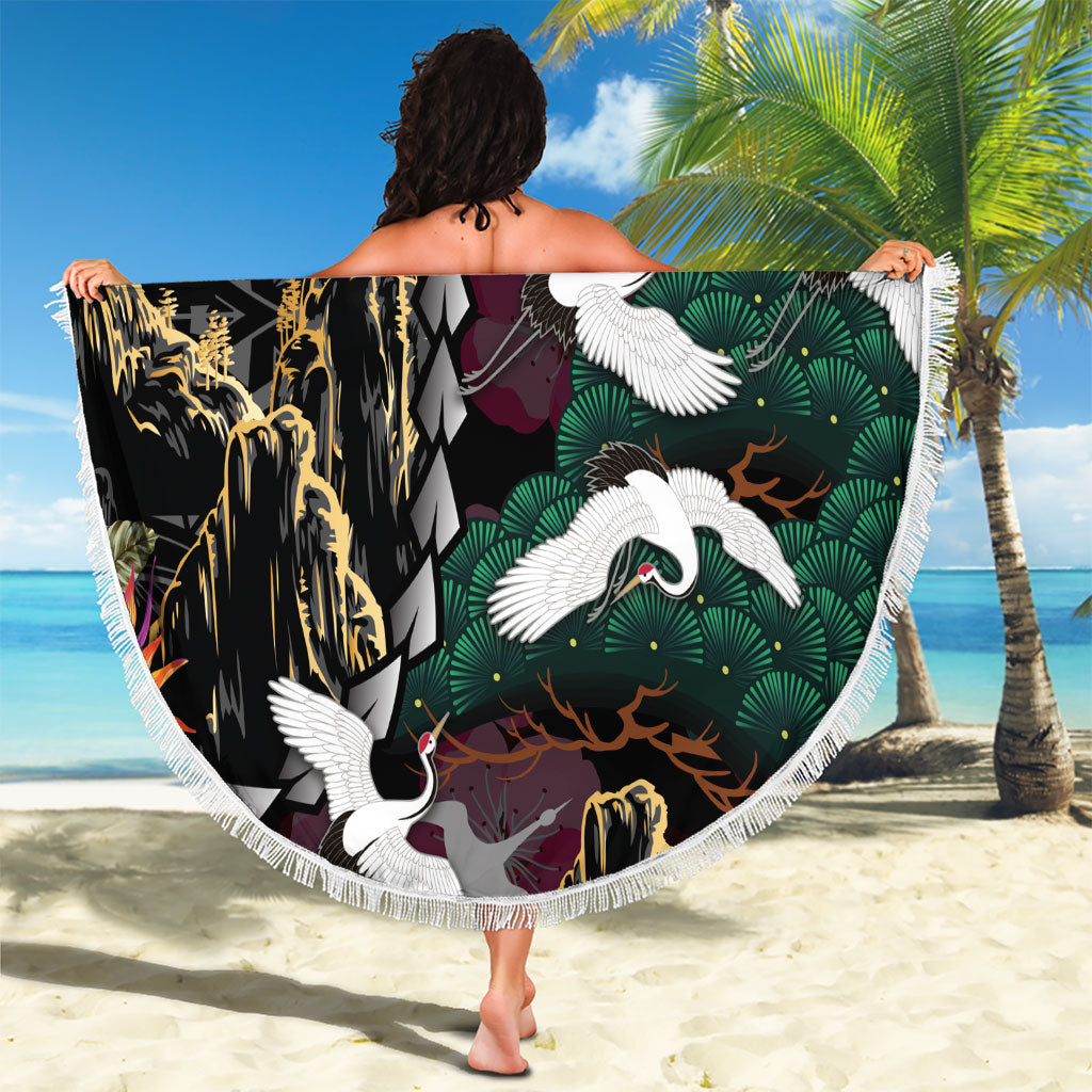 Hawaiian and Japanese Culture Beach Blanket Crane Sakura Hibiscus Tropical Vibes