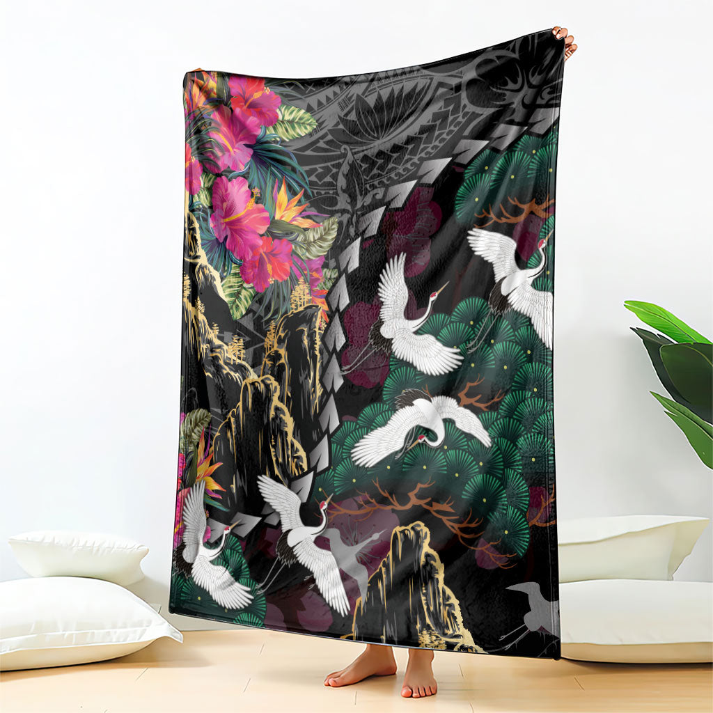 Hawaiian and Japanese Culture Blanket Crane Sakura Hibiscus Tropical Vibes