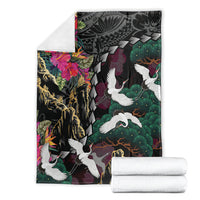 Hawaiian and Japanese Culture Blanket Crane Sakura Hibiscus Tropical Vibes