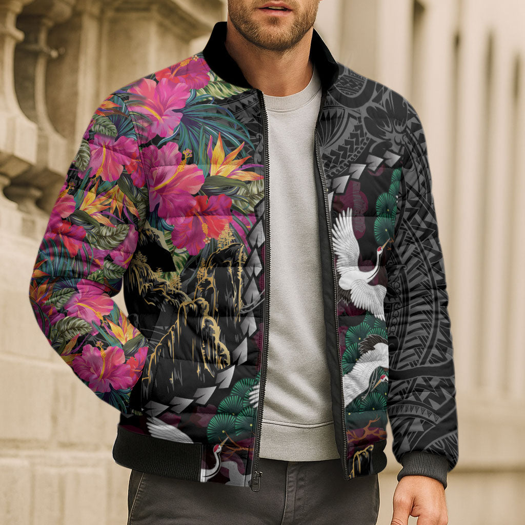 Hawaiian and Japanese Culture Bomber Puffer Jacket Crane Sakura Hibiscus Tropical Vibes