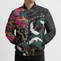 Hawaiian and Japanese Culture Bomber Puffer Jacket Crane Sakura Hibiscus Tropical Vibes