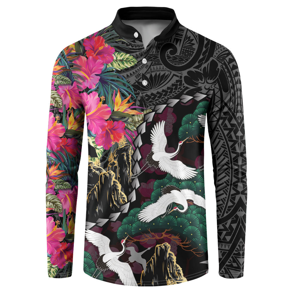 Hawaiian and Japanese Culture Button Sweatshirt Crane Sakura Hibiscus Tropical Vibes