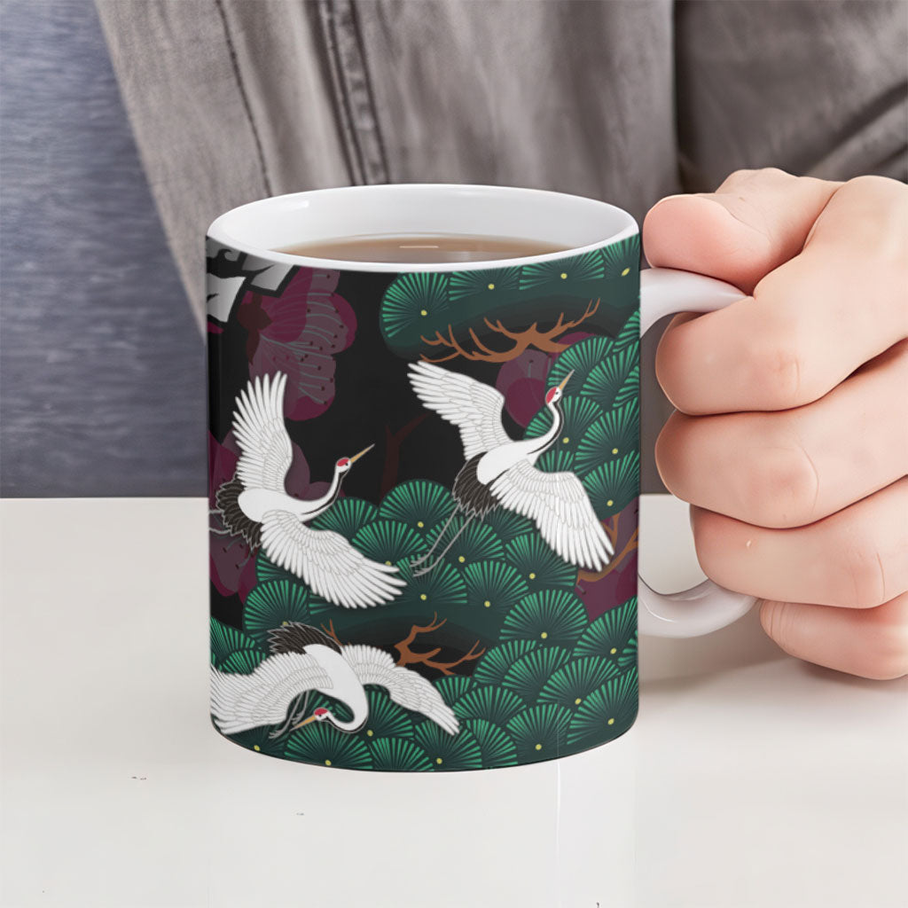 Hawaiian and Japanese Culture Ceramic Mug Crane Sakura Hibiscus Tropical Vibes