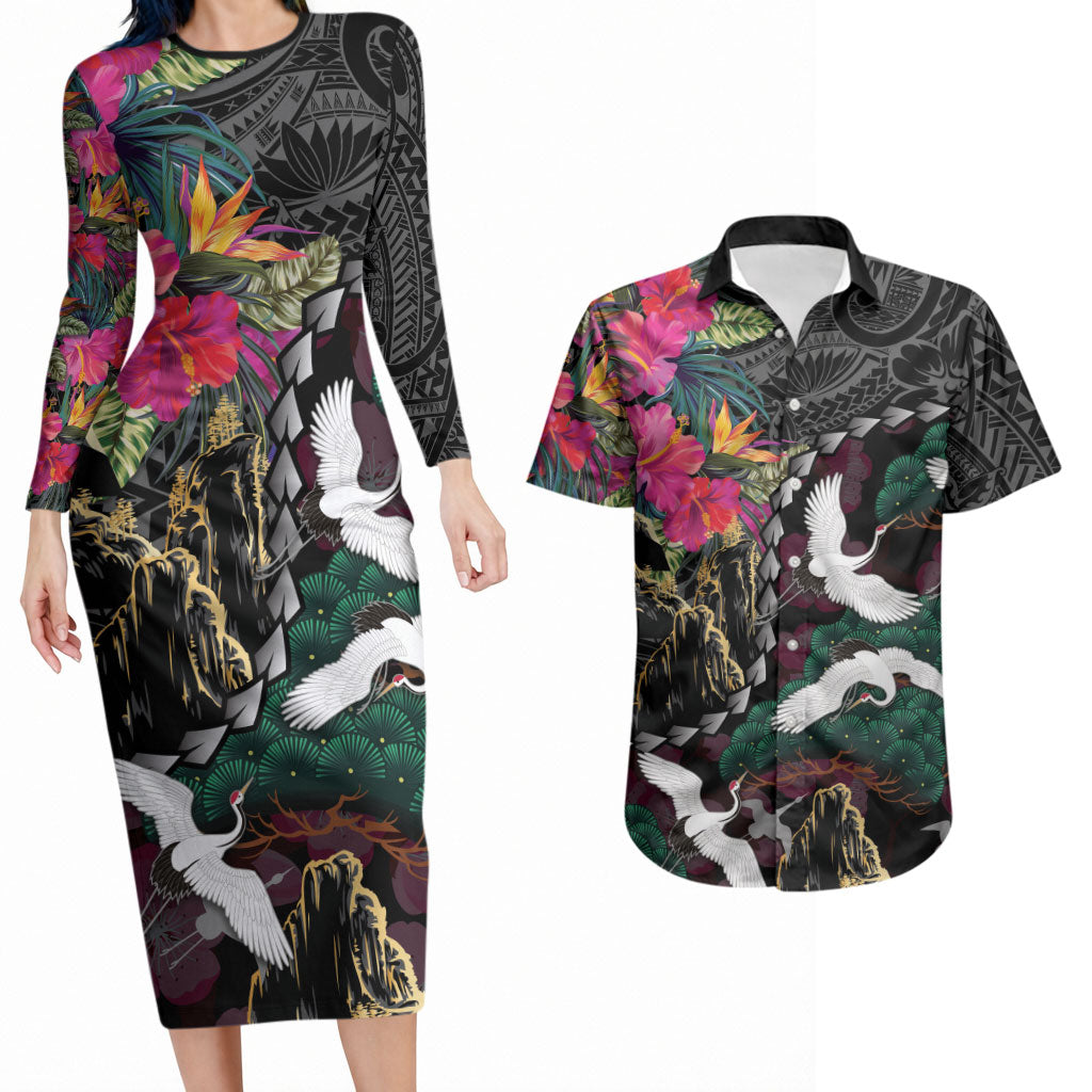 Hawaiian and Japanese Culture Couples Matching Long Sleeve Bodycon Dress and Hawaiian Shirt Crane Sakura Hibiscus Tropical Vibes LT14 Black - Polynesian Pride