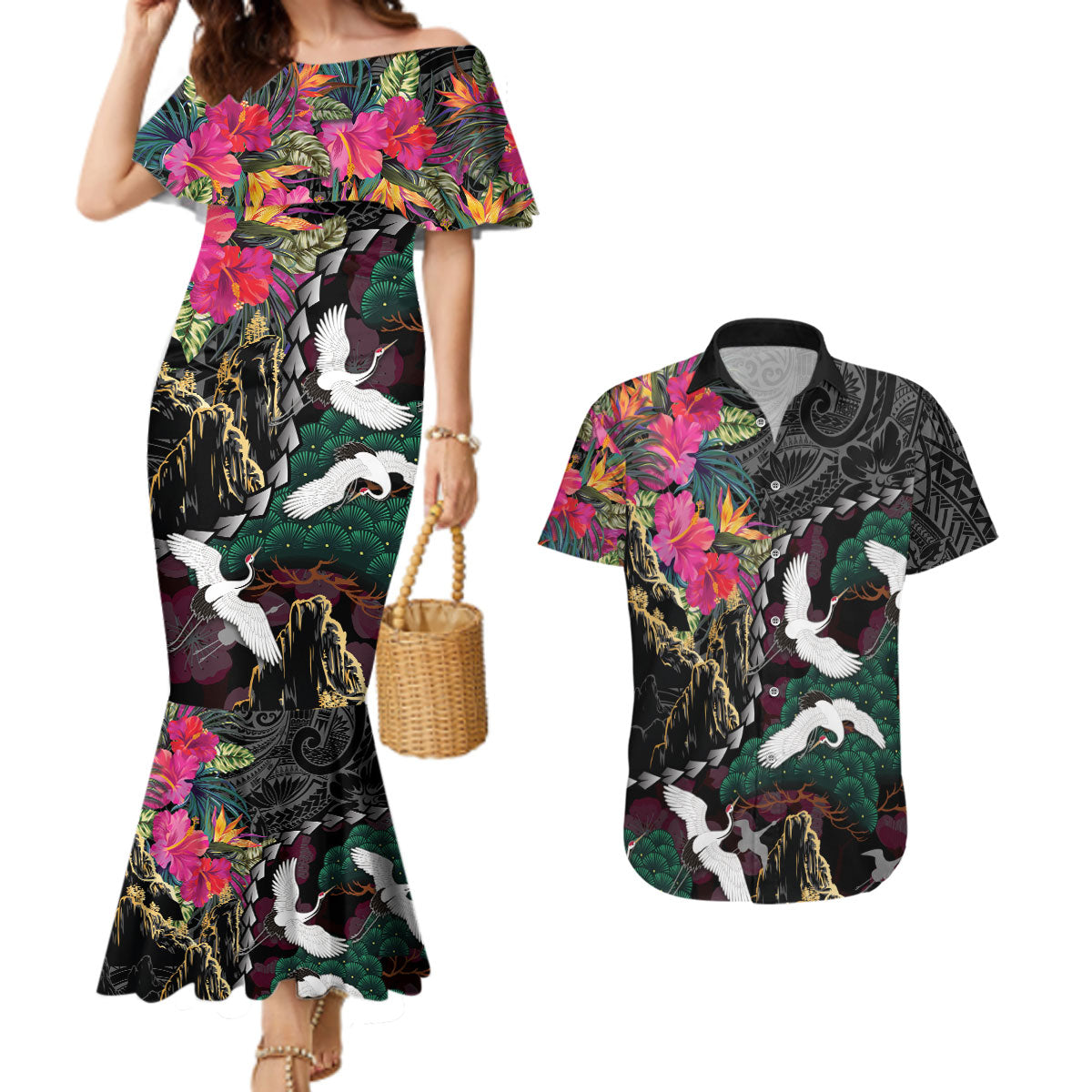 Hawaiian and Japanese Culture Couples Matching Mermaid Dress and Hawaiian Shirt Crane Sakura Hibiscus Tropical Vibes