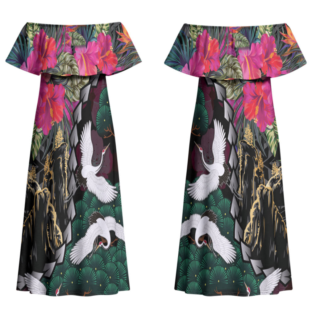 Hawaiian and Japanese Culture Couples Matching Off Shoulder Maxi Dress and Long Sleeve Button Shirt Crane Sakura Hibiscus Tropical Vibes LT14 - Polynesian Pride