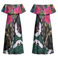Hawaiian and Japanese Culture Couples Matching Off Shoulder Maxi Dress and Long Sleeve Button Shirt Crane Sakura Hibiscus Tropical Vibes LT14 - Polynesian Pride