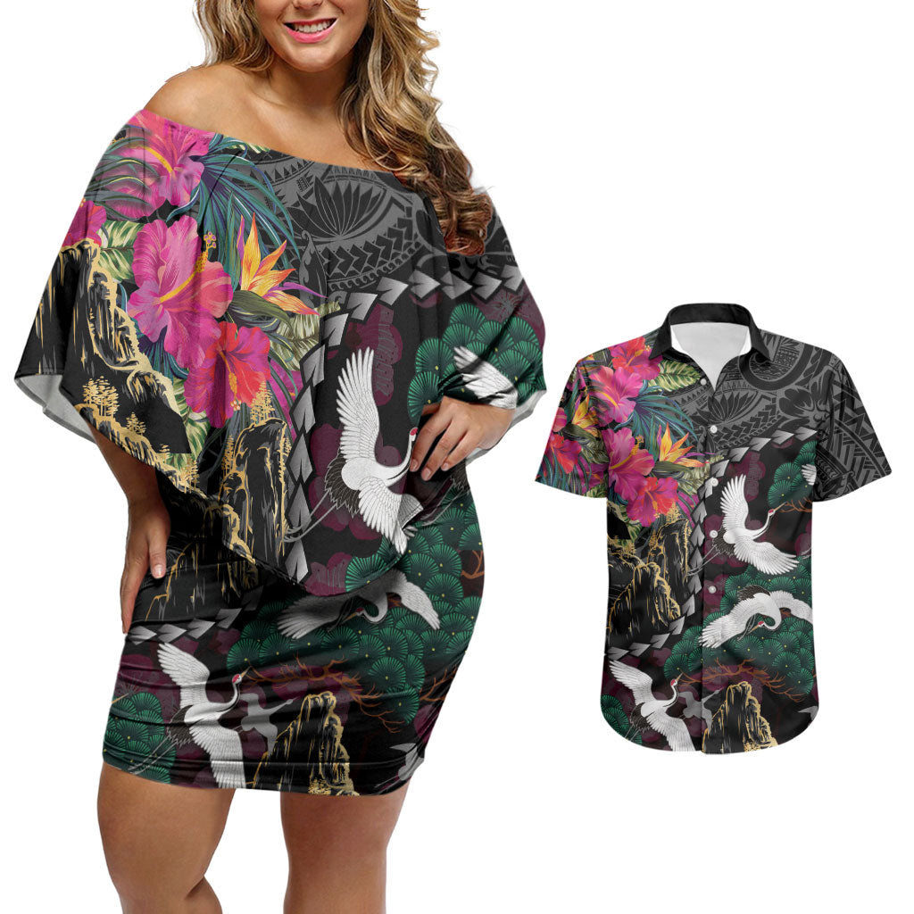 Hawaiian and Japanese Culture Couples Matching Off Shoulder Short Dress and Hawaiian Shirt Crane Sakura Hibiscus Tropical Vibes LT14 Black - Polynesian Pride