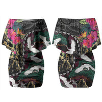 Hawaiian and Japanese Culture Couples Matching Off Shoulder Short Dress and Long Sleeve Button Shirt Crane Sakura Hibiscus Tropical Vibes LT14 - Polynesian Pride