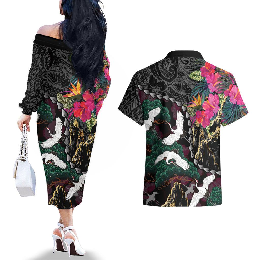 Hawaiian and Japanese Culture Couples Matching Off The Shoulder Long Sleeve Dress and Hawaiian Shirt Crane Sakura Hibiscus Tropical Vibes