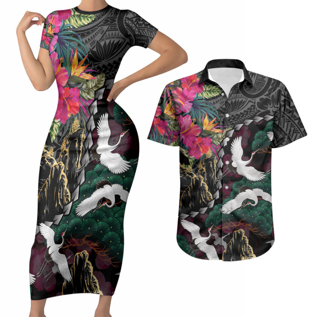 Hawaiian and Japanese Culture Couples Matching Short Sleeve Bodycon Dress and Hawaiian Shirt Crane Sakura Hibiscus Tropical Vibes LT14 Black - Polynesian Pride