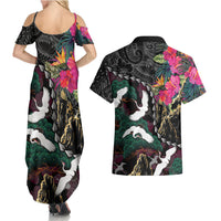 Hawaiian and Japanese Culture Couples Matching Summer Maxi Dress and Hawaiian Shirt Crane Sakura Hibiscus Tropical Vibes