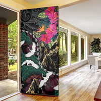 Hawaiian and Japanese Culture Door Cover Crane Sakura Hibiscus Tropical Vibes