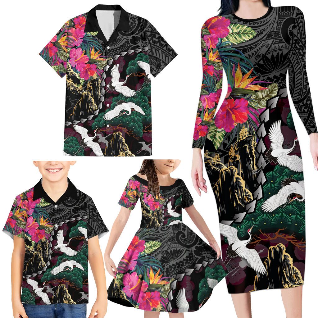 Hawaiian and Japanese Culture Family Matching Long Sleeve Bodycon Dress and Hawaiian Shirt Crane Sakura Hibiscus Tropical Vibes