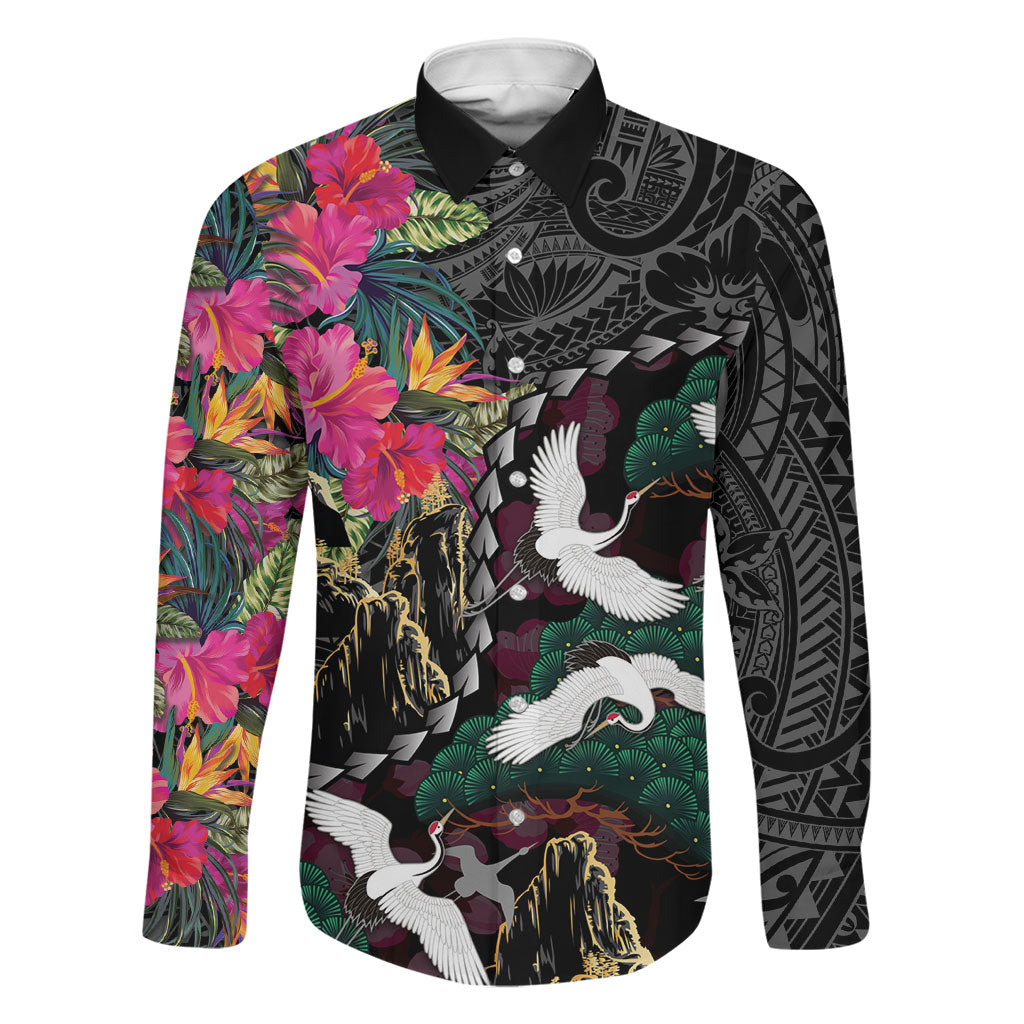 Hawaiian and Japanese Culture Family Matching Long Sleeve Bodycon Dress and Hawaiian Shirt Crane Sakura Hibiscus Tropical Vibes