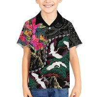 Hawaiian and Japanese Culture Family Matching Long Sleeve Bodycon Dress and Hawaiian Shirt Crane Sakura Hibiscus Tropical Vibes