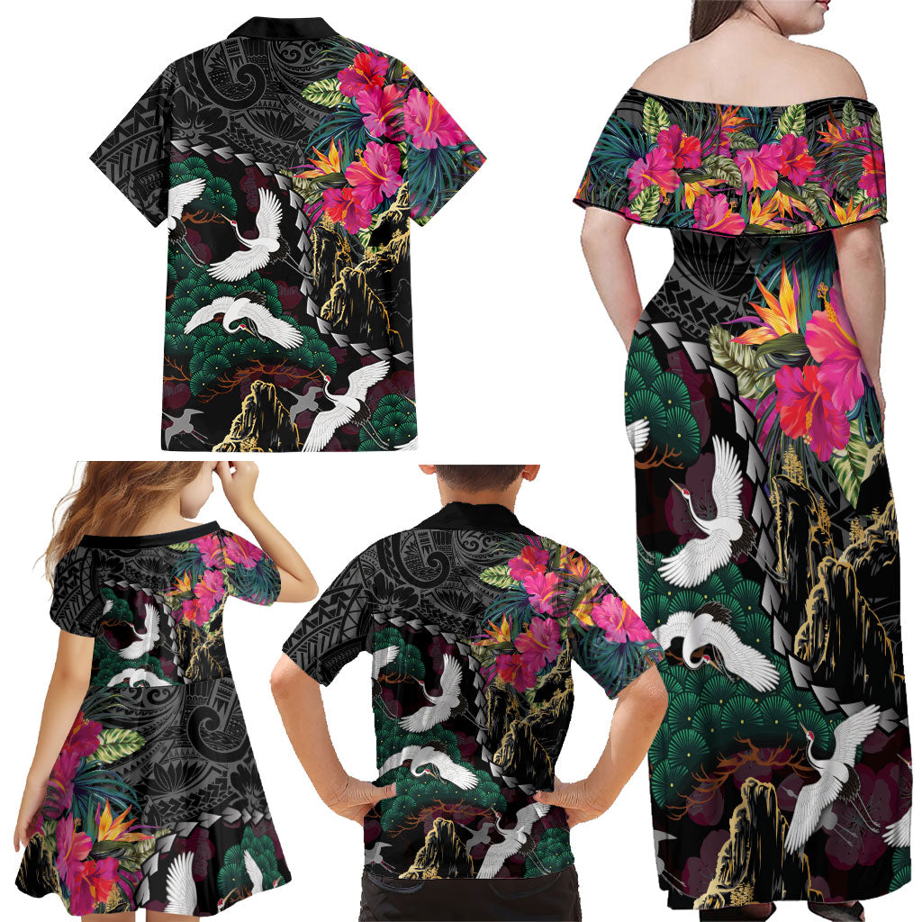 Hawaiian and Japanese Culture Family Matching Off Shoulder Maxi Dress and Hawaiian Shirt Crane Sakura Hibiscus Tropical Vibes